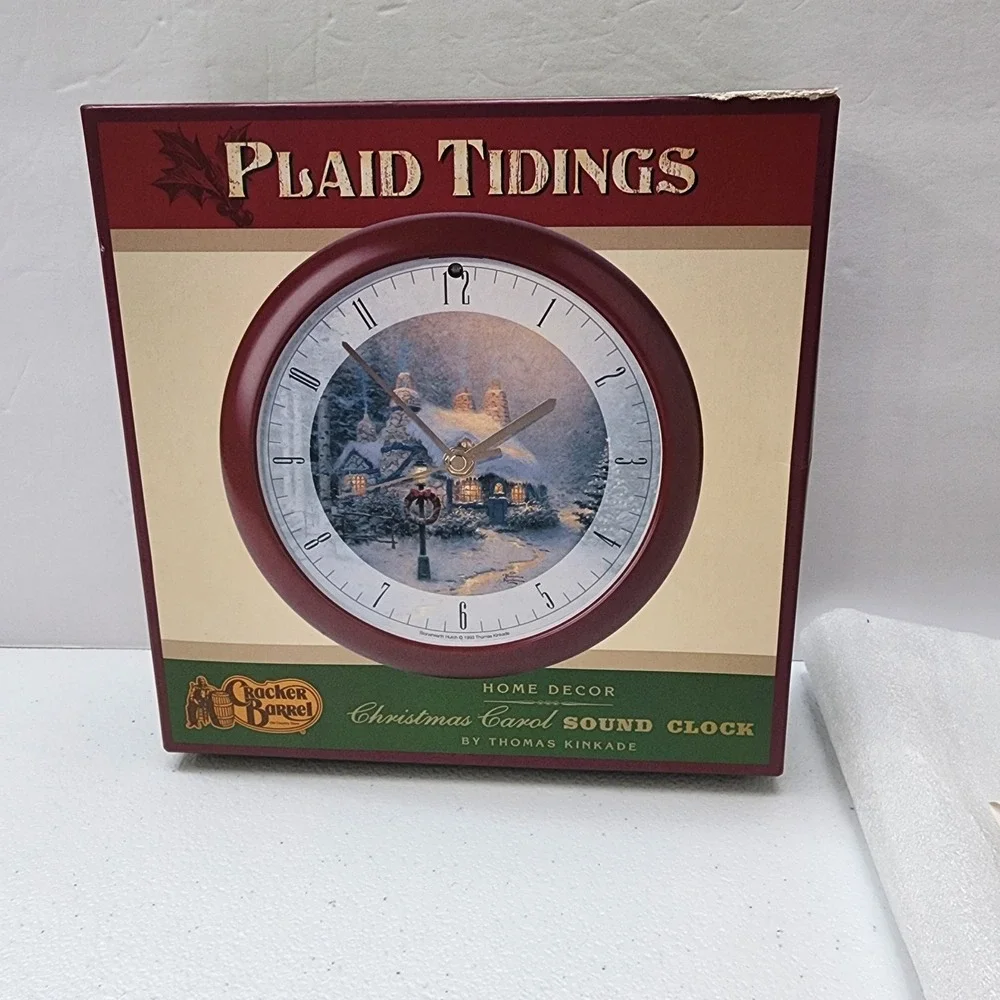 VTG 1993 Cracker Barrel Thomas Kinkade Plaid Tidings Christmas Carol Sound Clock
